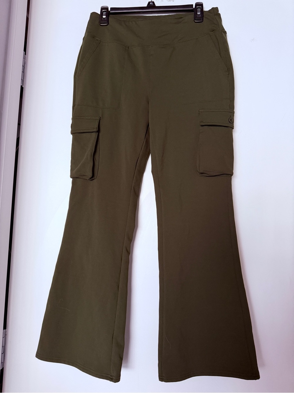 Olive Cargo Flare Stretch Fleece Lined Pants - Women, Size 30XL